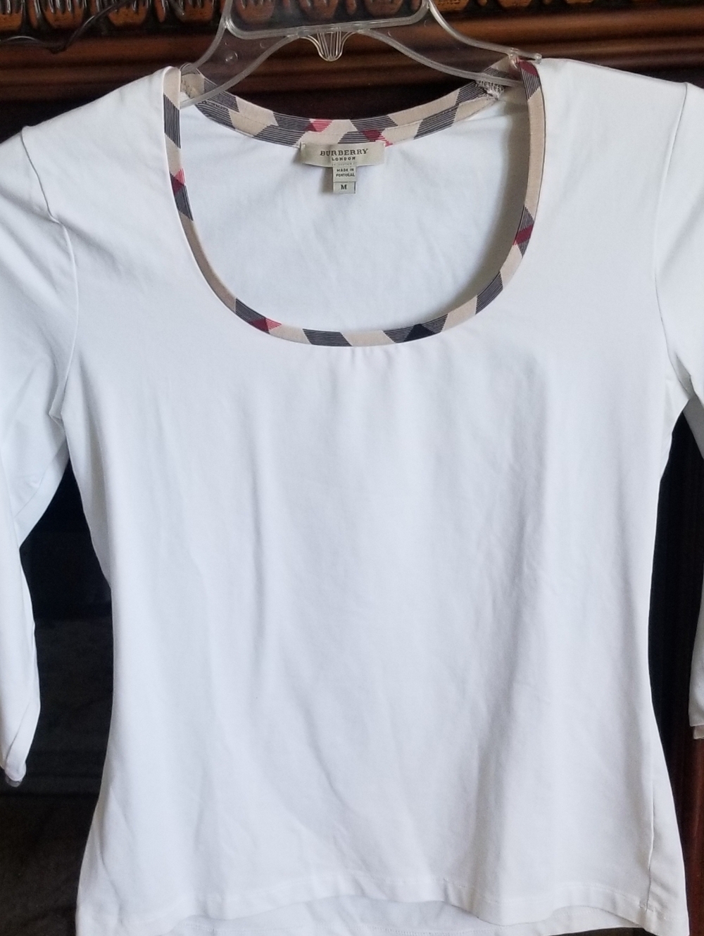 Burberry London White Cotton Top Nova Check Trim 3/4 Sleeve Size M - Picture 11 of 16